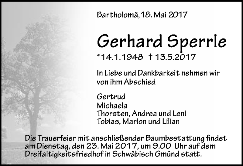  Traueranzeige für Gerhard Sperrle vom 18.05.2017 aus Gmünder Tagespost