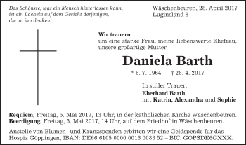 Traueranzeige von Daniela Barth von Schwäbische Post