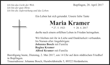 Traueranzeige von Maria Kramer von Schwäbische Post