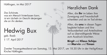 Traueranzeige von Hedwig Bux von Schwäbische Post