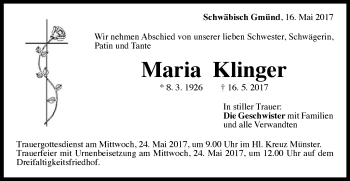 Traueranzeige von Maria Klinger von Gmünder Tagespost