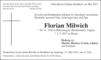 Traueranzeige von Florian Milwich  von Gmünder Tagespost