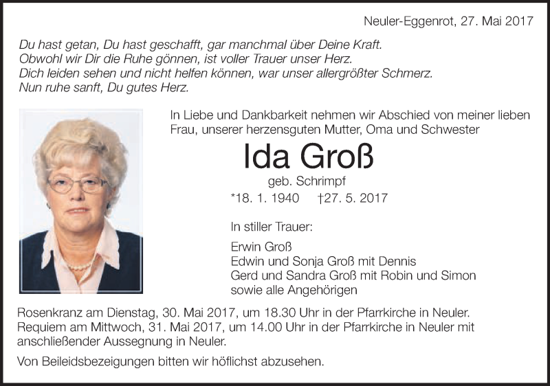  Traueranzeige für Ida Groß vom 29.05.2017 aus Schwäbische Post