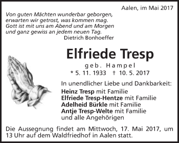 Traueranzeige von Elfriede Tresp von Schwäbische Post