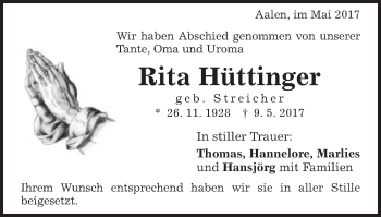 Traueranzeige von Rita Hüttinger von Schwäbische Post