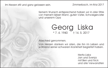 Traueranzeige von Georg Liska von Gmünder Tagespost