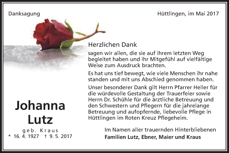  Traueranzeige für Johanna Lutz vom 17.05.2017 aus Schwäbische Post