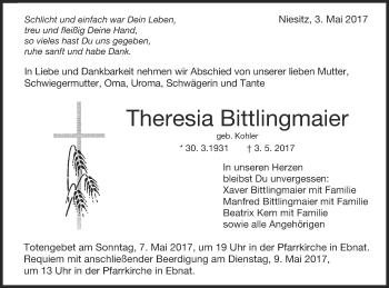 Traueranzeige von Theresia Bittlingmaier von Schwäbische Post