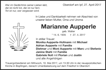 Traueranzeige von Marianne Aupperle von Schwäbische Post