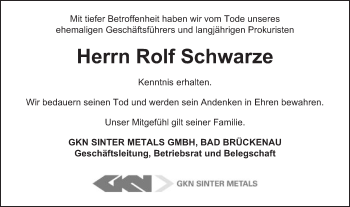 Traueranzeige von Rolf Schwarze von Schwäbische Post