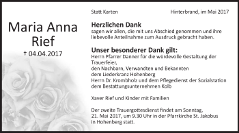 Traueranzeige von Maria-Anna Rief von Schwäbische Post