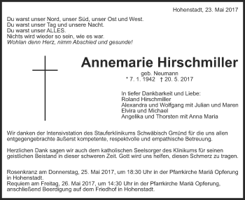 Traueranzeige von Annemarie Hirschmiller von Schwäbische Post