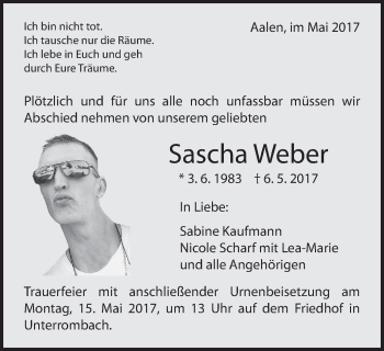 Traueranzeige von Sascha Weber von Schwäbische Post
