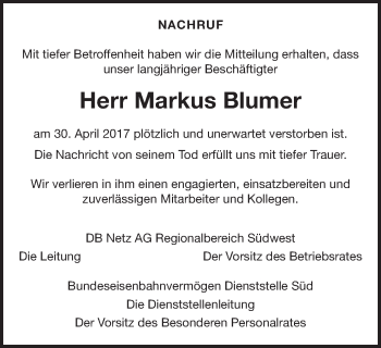 Traueranzeige von Markus Blumer von Gmünder Tagespost