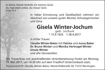 Traueranzeige von Gisela Winter-Jochum von Schwäbische Post