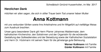 Traueranzeige von Anna Kottmann von Gmünder Tagespost