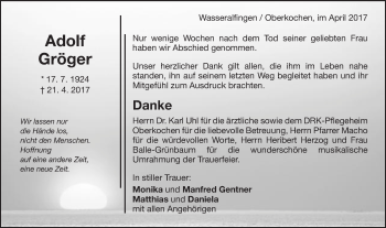 Traueranzeige von Adolf Gröger von Schwäbische Post