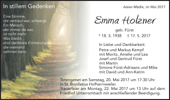 Traueranzeige von Emma Holzner von Schwäbische Post