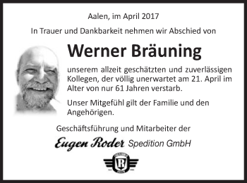 Traueranzeige von Werner Bräuning von Schwäbische Post