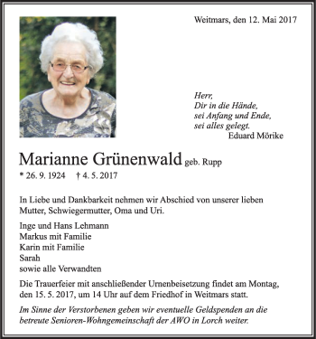 Traueranzeige von Marianne Grünenweald von Gmünder Tagespost
