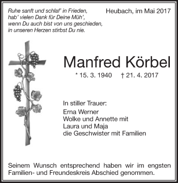 Traueranzeige von Manfred Körbel von Gmünder Tagespost