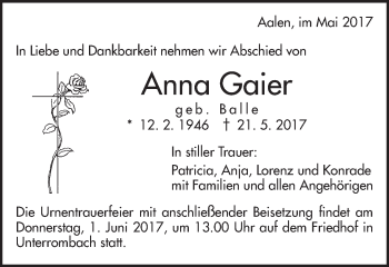 Traueranzeige von Anna Gaier von Schwäbische Post