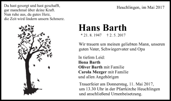 Traueranzeige von Hans Barth von Gmünder Tagespost