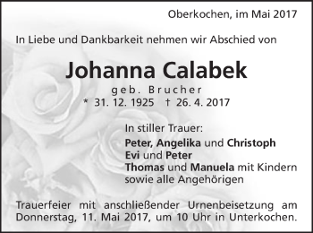 Traueranzeige von Johanna Calabek von Schwäbische Post