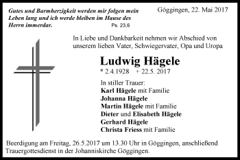 Traueranzeige von Ludwig Hägele von Gmünder Tagespost
