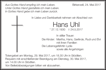Traueranzeige von Hans Uhl von Schwäbische Post