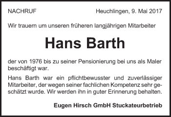 Traueranzeige von Hans Barth von Gmünder Tagespost