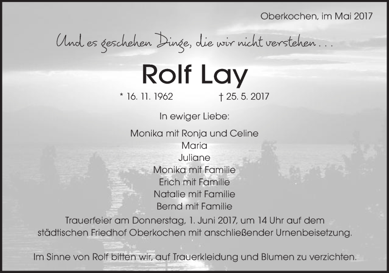  Traueranzeige für Rolf Lay vom 30.05.2017 aus Schwäbische Post