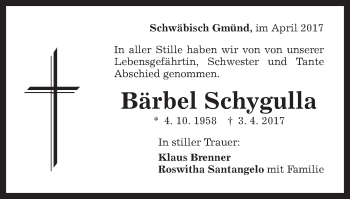Traueranzeige von Bärbel Schygulla von Gmünder Tagespost