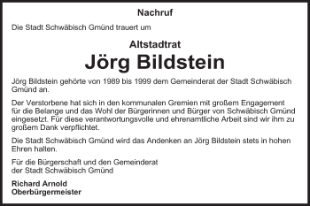 Traueranzeige von Jörg Bildstein von Gmünder Tagespost