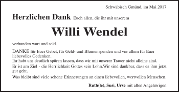 Traueranzeige von Willi Wendel von Gmünder Tagespost