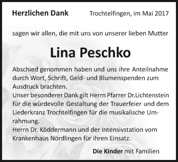 Traueranzeige von Lina Peschko von Schwäbische Post