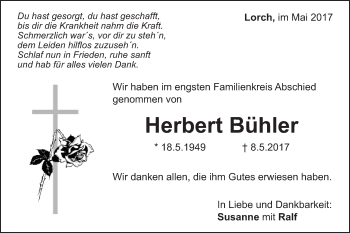 Traueranzeige von Herbert Bühler von Gmünder Tagespost