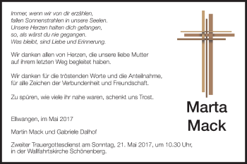 Traueranzeige von Marta Mack von Schwäbische Post