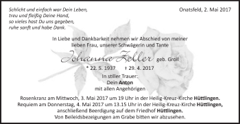 Traueranzeige von Johanna Zeller von Schwäbische Post