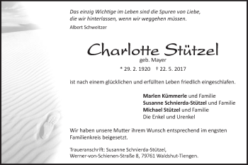 Traueranzeige von Charlotte Stützel von Schwäbische Post