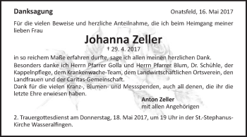 Traueranzeige von Johanna Zeller von Schwäbische Post