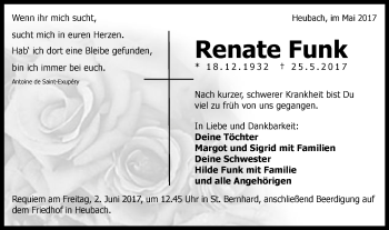 Traueranzeige von Renate Funk von Gmünder Tagespost