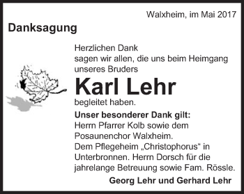 Traueranzeige von Karl Lehr von Schwäbische Post
