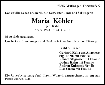 Traueranzeige von Maria Köhler von Gmünder Tagespost