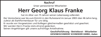 Traueranzeige von Georg Klaus Franke von Schwäbische Post