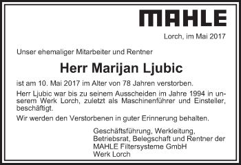 Traueranzeige von Marijan Ljubic von Gmünder Tagespost