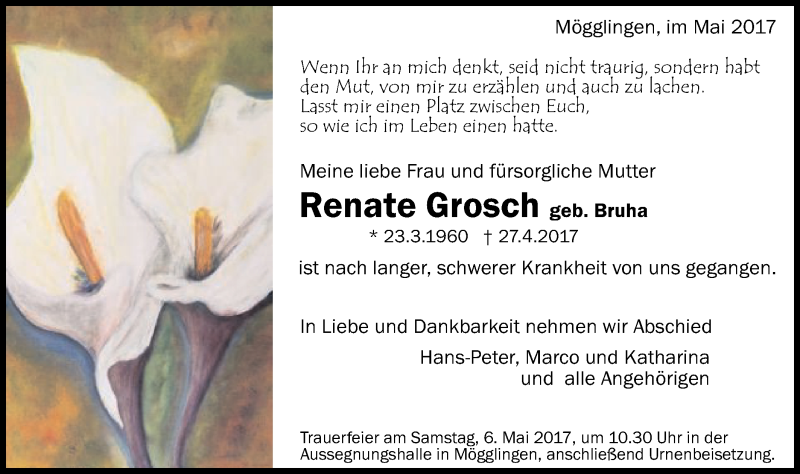  Traueranzeige für Renate Grosch vom 04.05.2017 aus Gmünder Tagespost