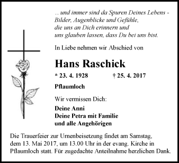 Traueranzeige von Hans Raschick von Schwäbische Post