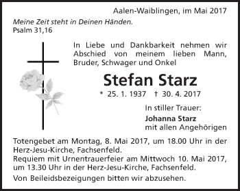 Traueranzeige von Stefan Starz von Schwäbische Post