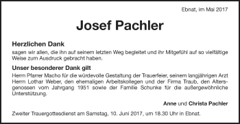 Traueranzeige von Josef Pachler von Schwäbische Post
